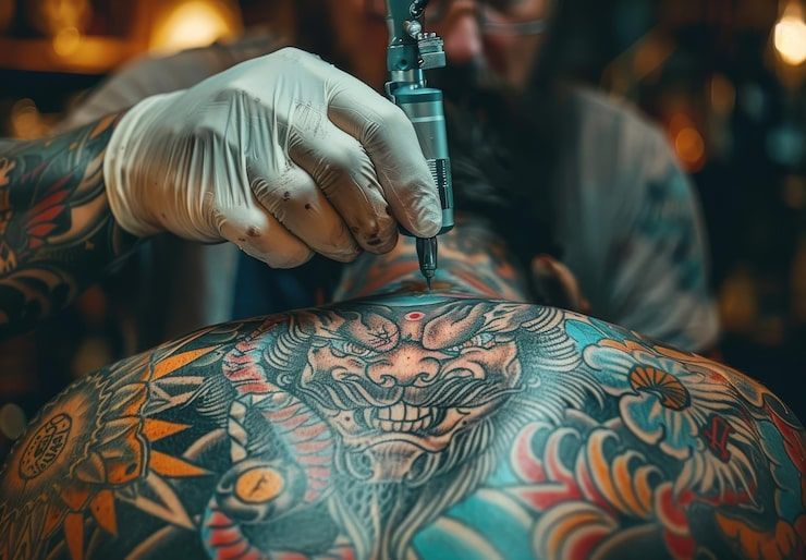 Tattoo artist working on a colorful back piece in a tattoo shop. Close-up of gloved hand and tattoo gun.