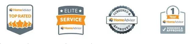 A set of four logos on a white background , one of which is a top rated service badge.