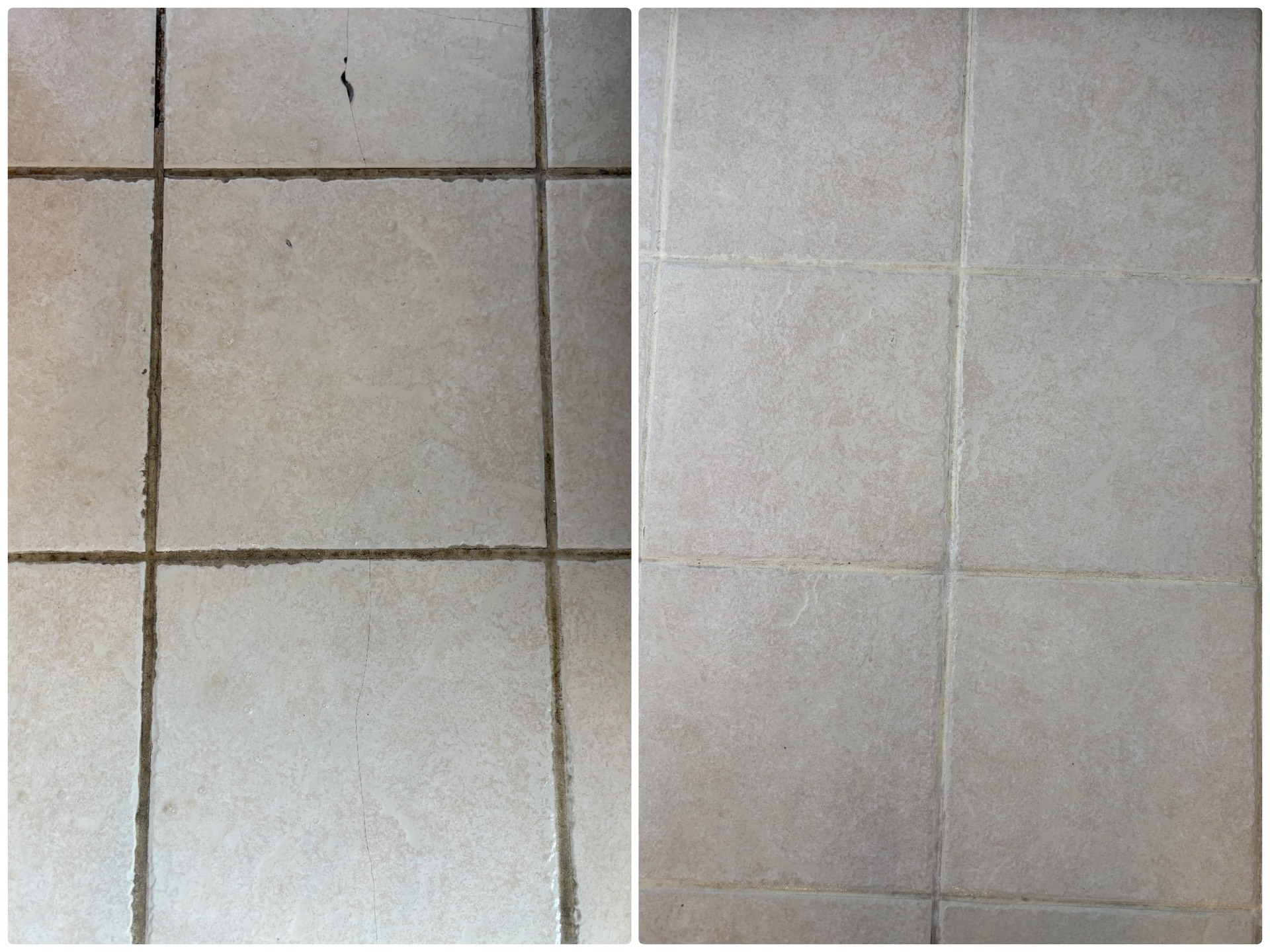 Comparison of dirty and clean tile grout: left shows dark, soiled grout; right shows clean, light grout.