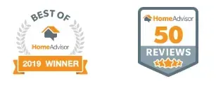 A badge that says best of home advisor 2019 winner and 50 reviews