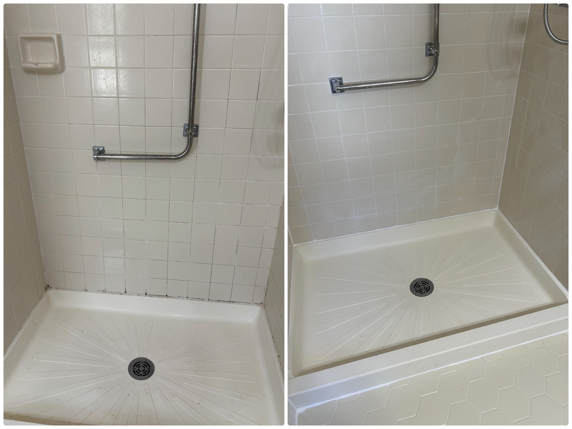 Before-and-after view of a cleaned shower. White tiled wall with dark stains is transformed into a pristine, clean shower.