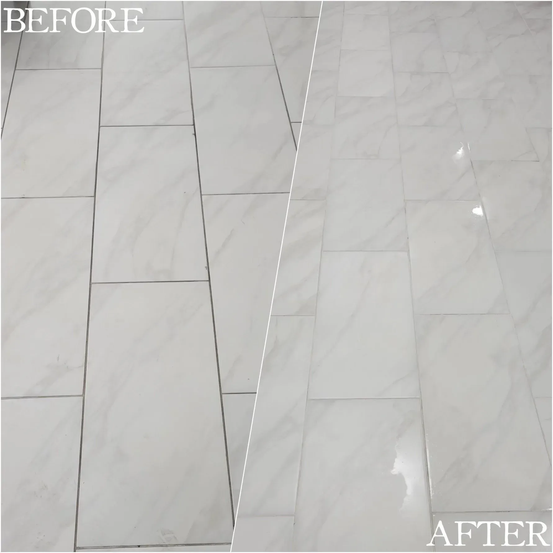 A before and after photo of a tiled floor