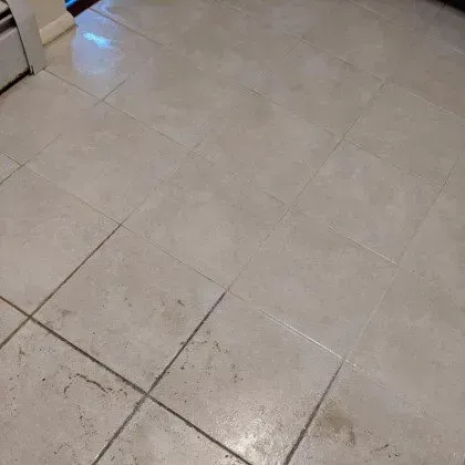 A close up of a tiled floor in a kitchen.