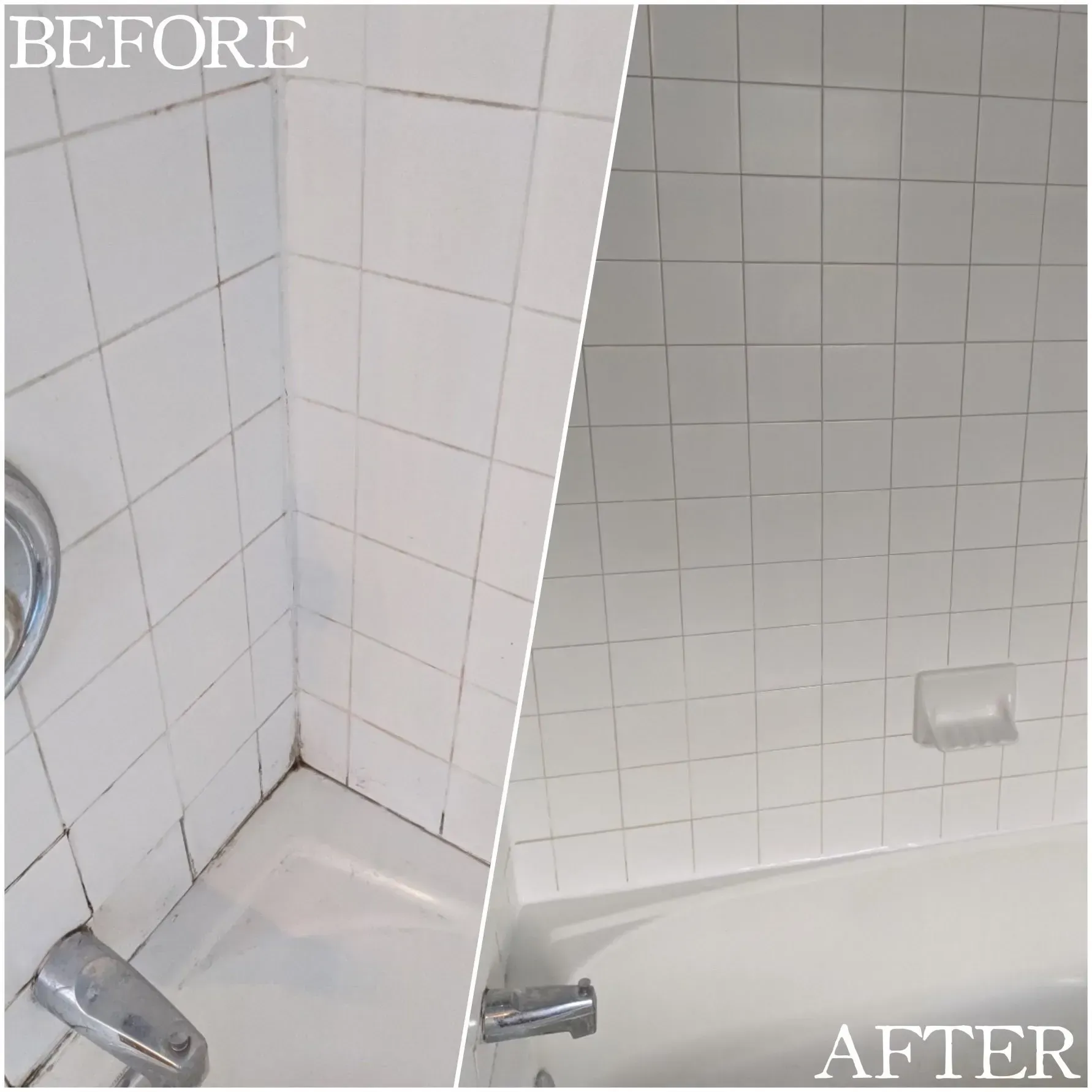 A before and after photo of a bathroom with white tiles