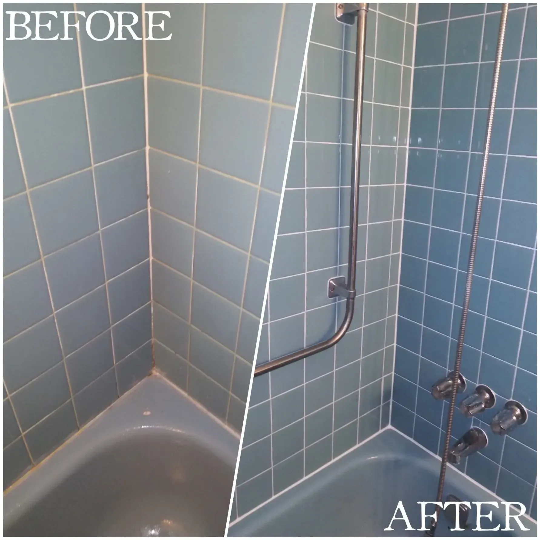 A before and after picture of a bathroom with blue tiles