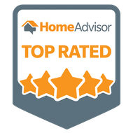 HomeAdvisor Top Rated badge featuring orange text and five gold stars on a grey shield background.