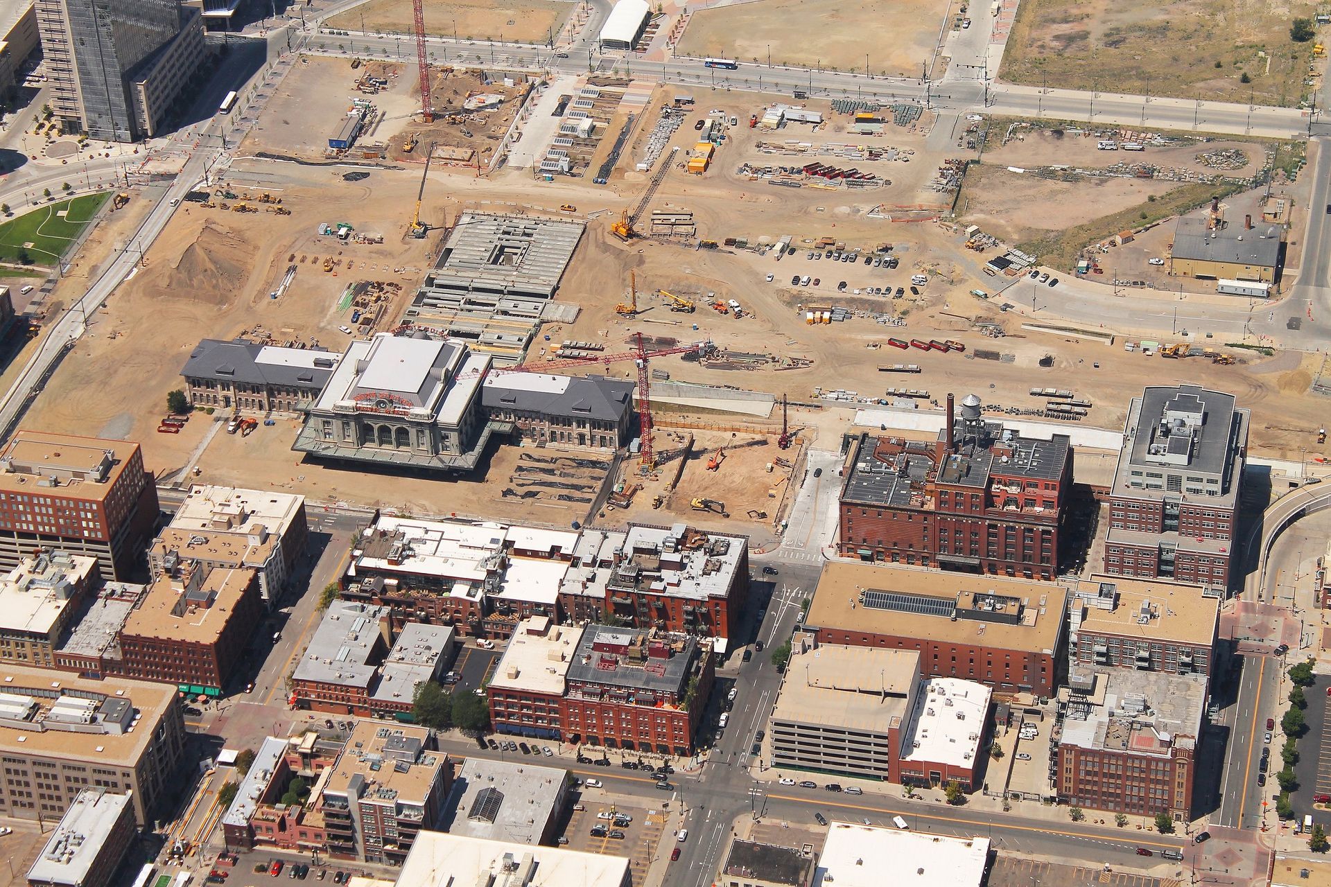 An aerial view of a city with lots of buildings