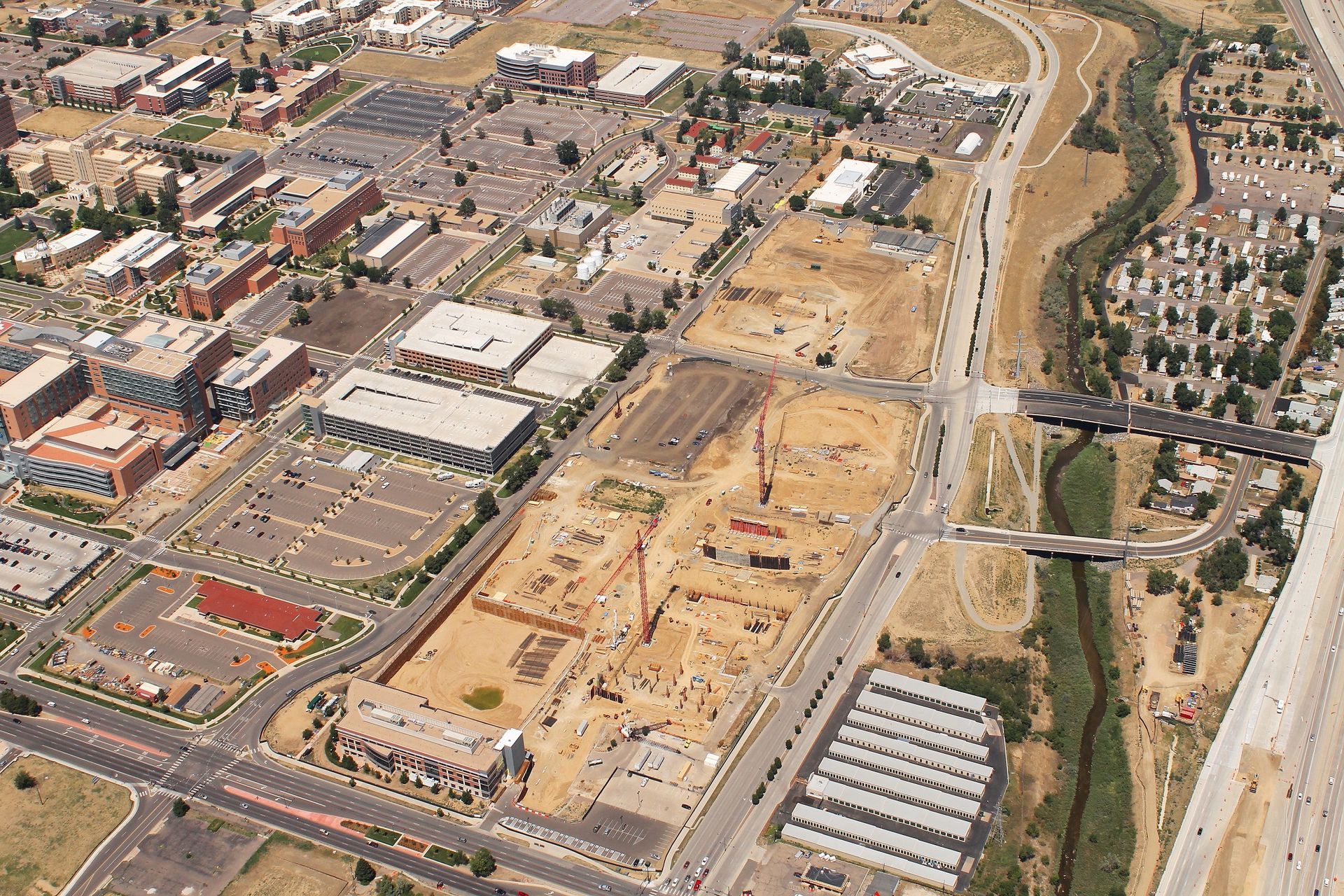 An aerial view of a city with lots of buildings