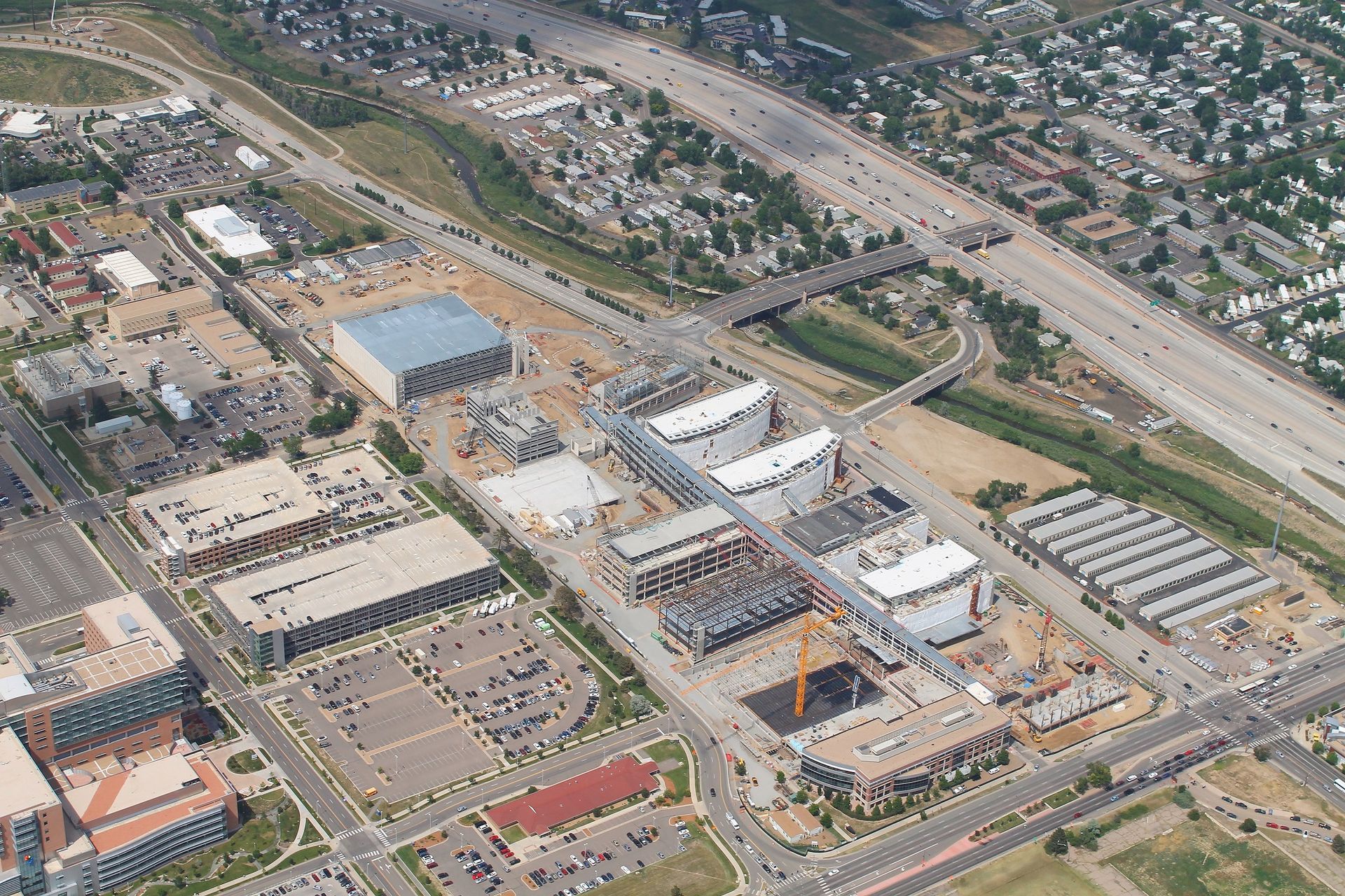An aerial view of a city with a lot of buildings