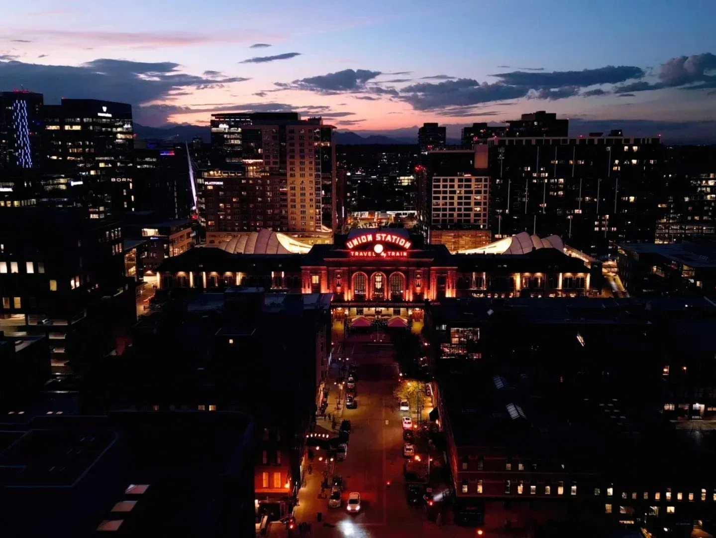 An aerial view of a city at night