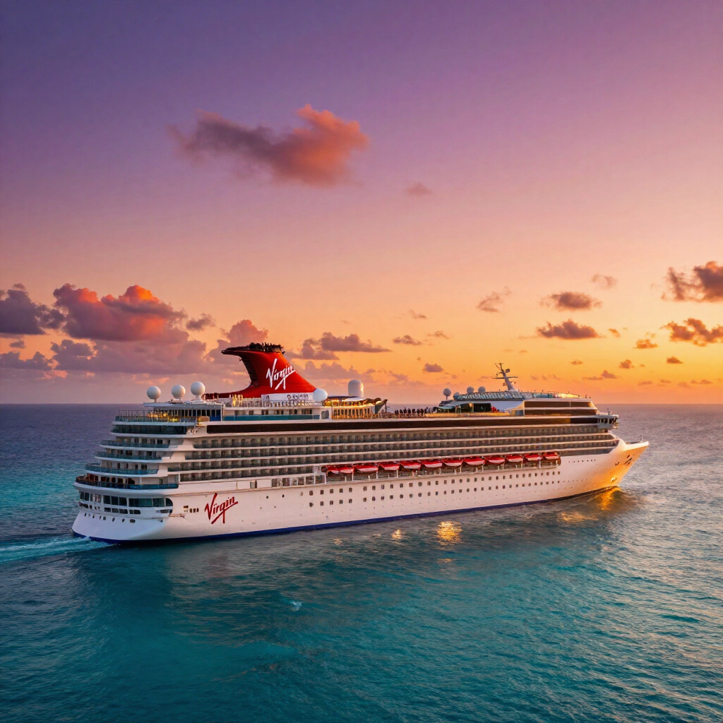 A Virgin Voyages cruise ship sails through tropical blue water during a vibrant purple and orange sunset.