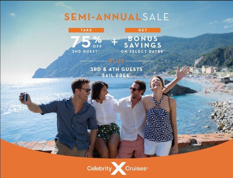 A promotional image for a Celebrity Cruises semi-annual sale showing four people smiling together by a sunny coastal cliff.