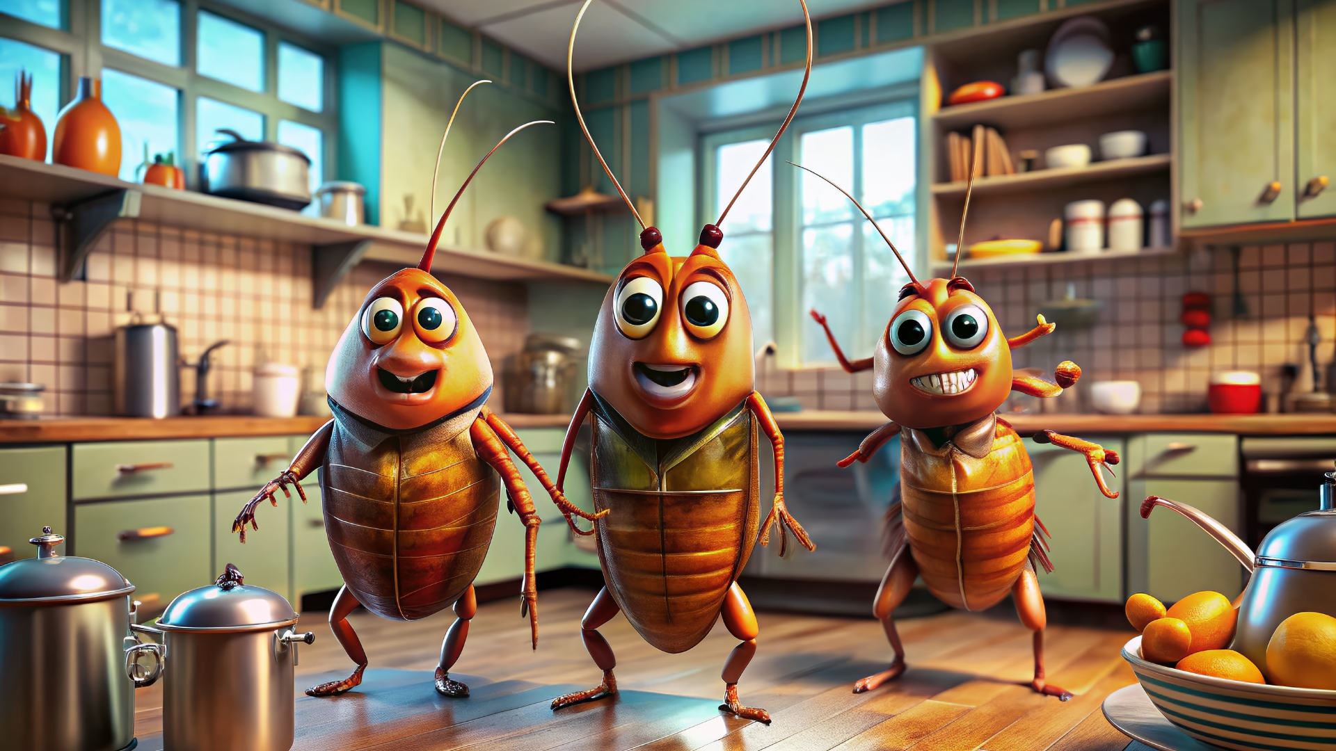 Three cockroaches are dancing in a kitchen.