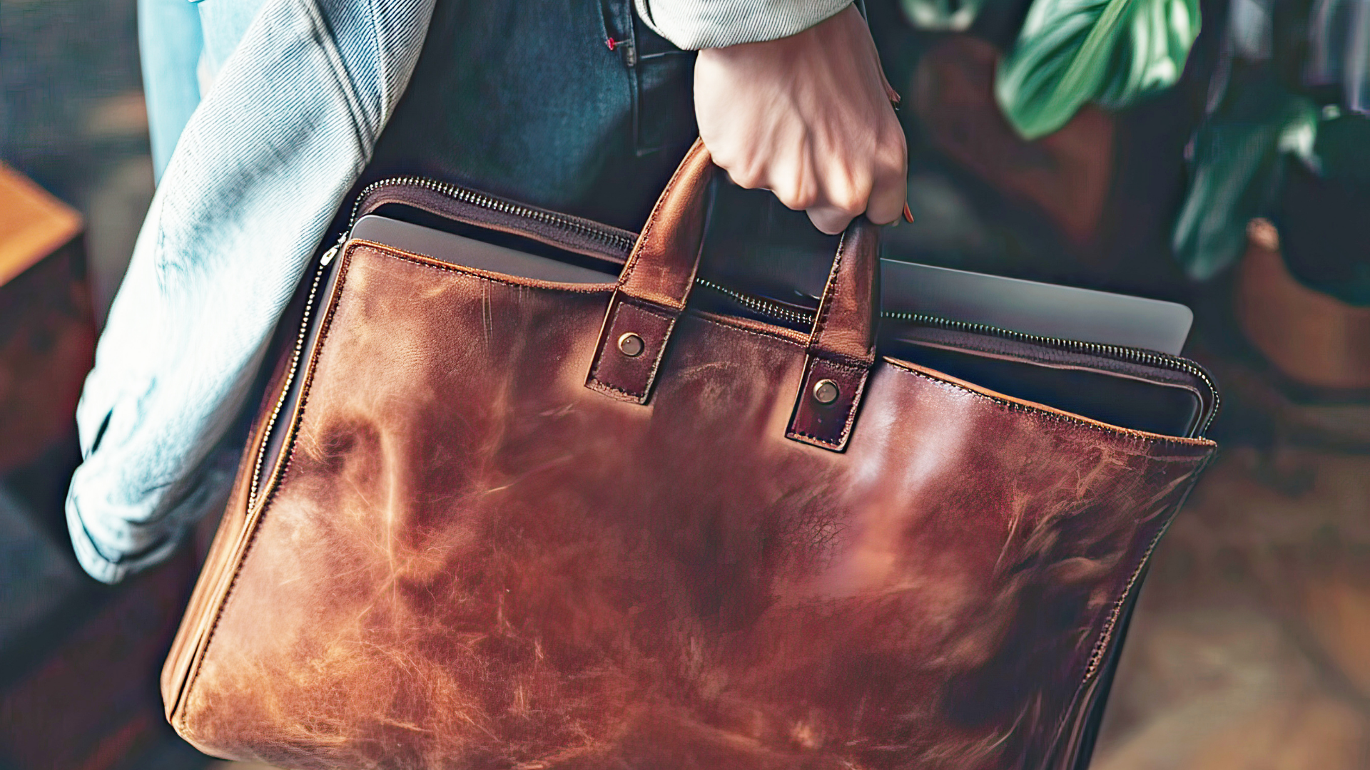 A person is holding a brown leather briefcase with a laptop inside of it.