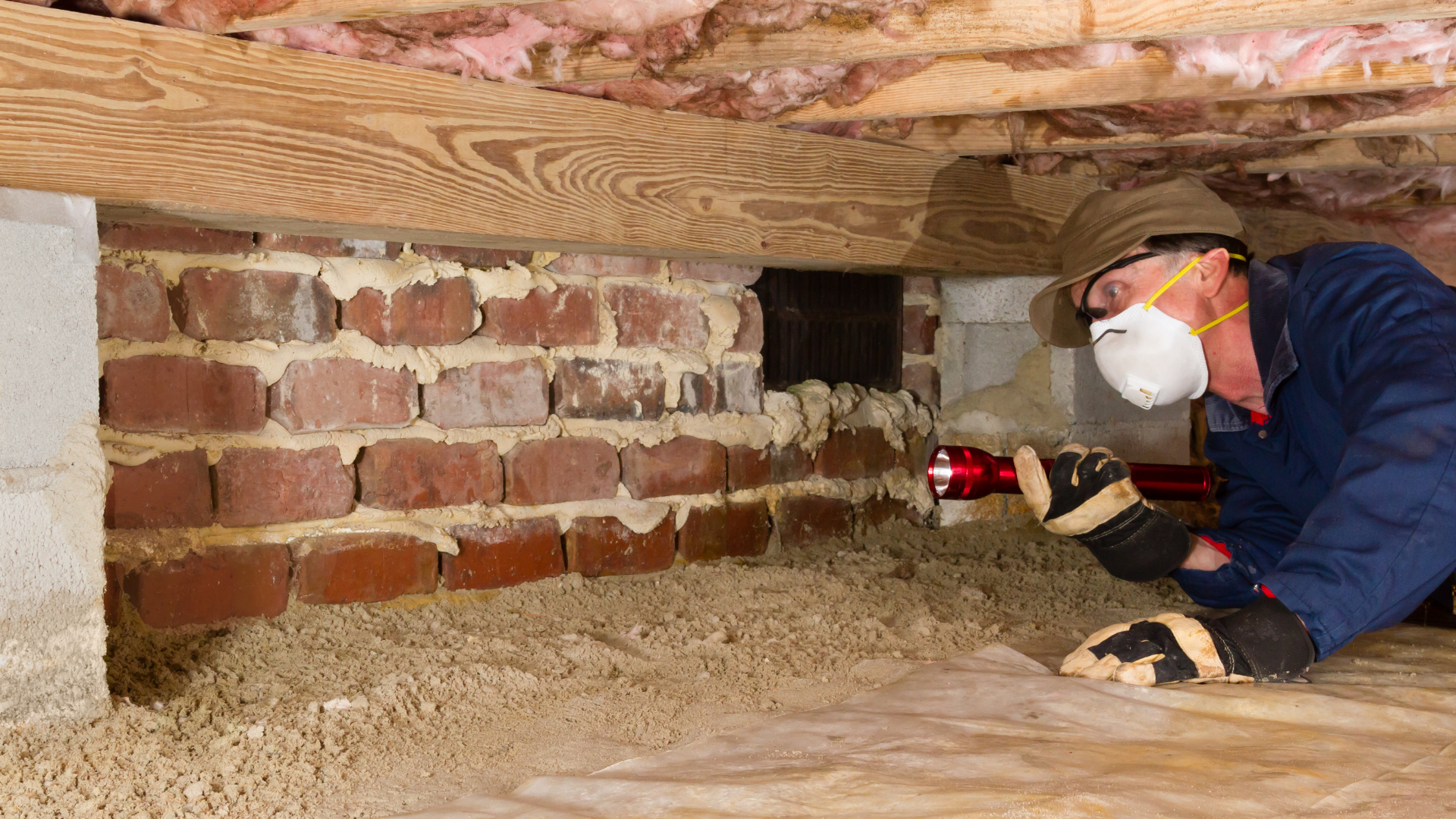 Man in respirator examines crawl space with a flashlight, next to brick wall.