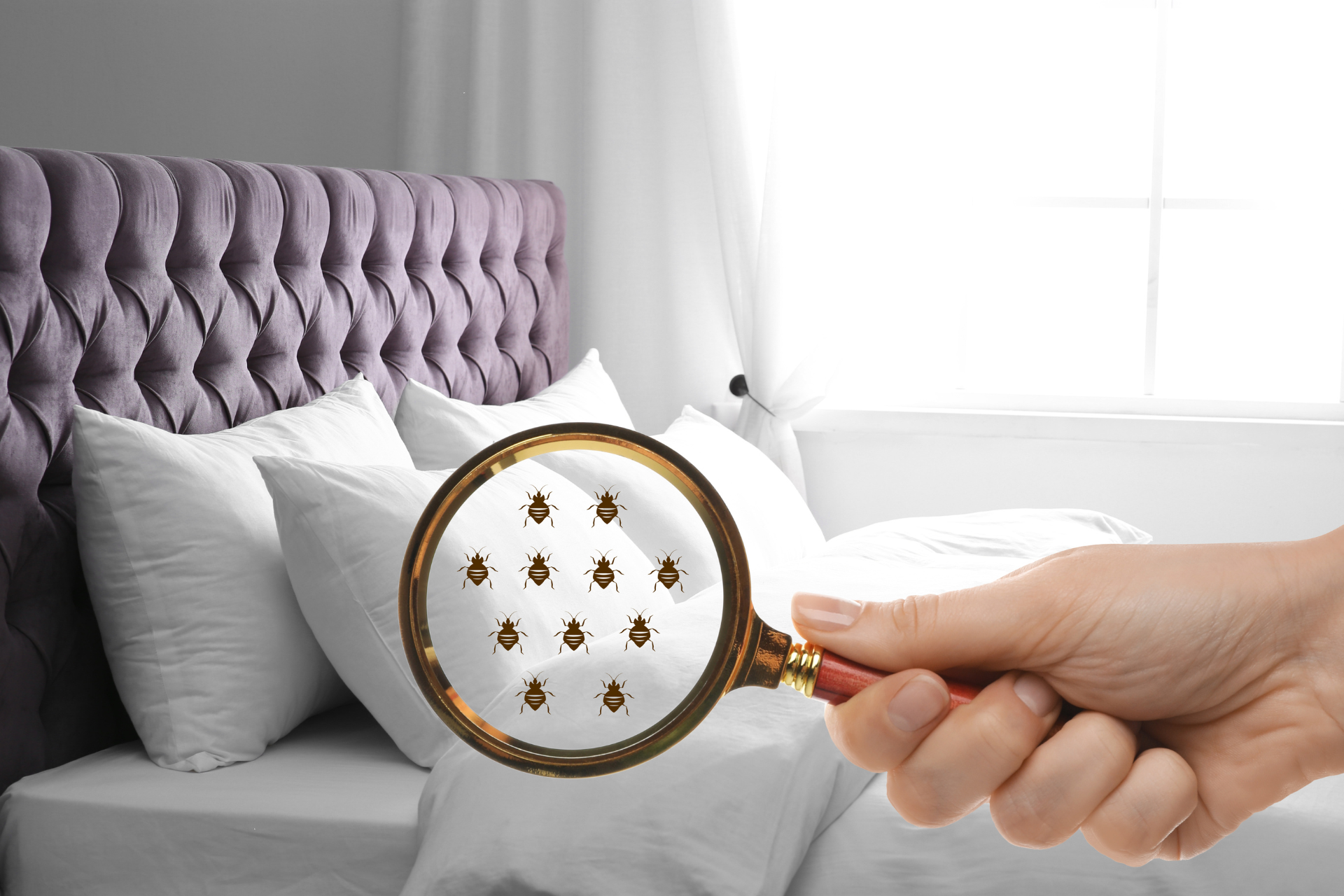 A person is holding a magnifying glass in front of a bed.
