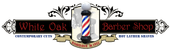 Logo for White Oak Barber Shop, includes a barber pole, text, and flourishes.