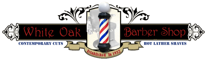 Logo for White Oak Barber Shop, includes a barber pole, text, and flourishes.