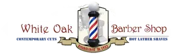 Logo for White Oak Barber Shop: barber pole with red, white, and blue stripes. White text and banner.