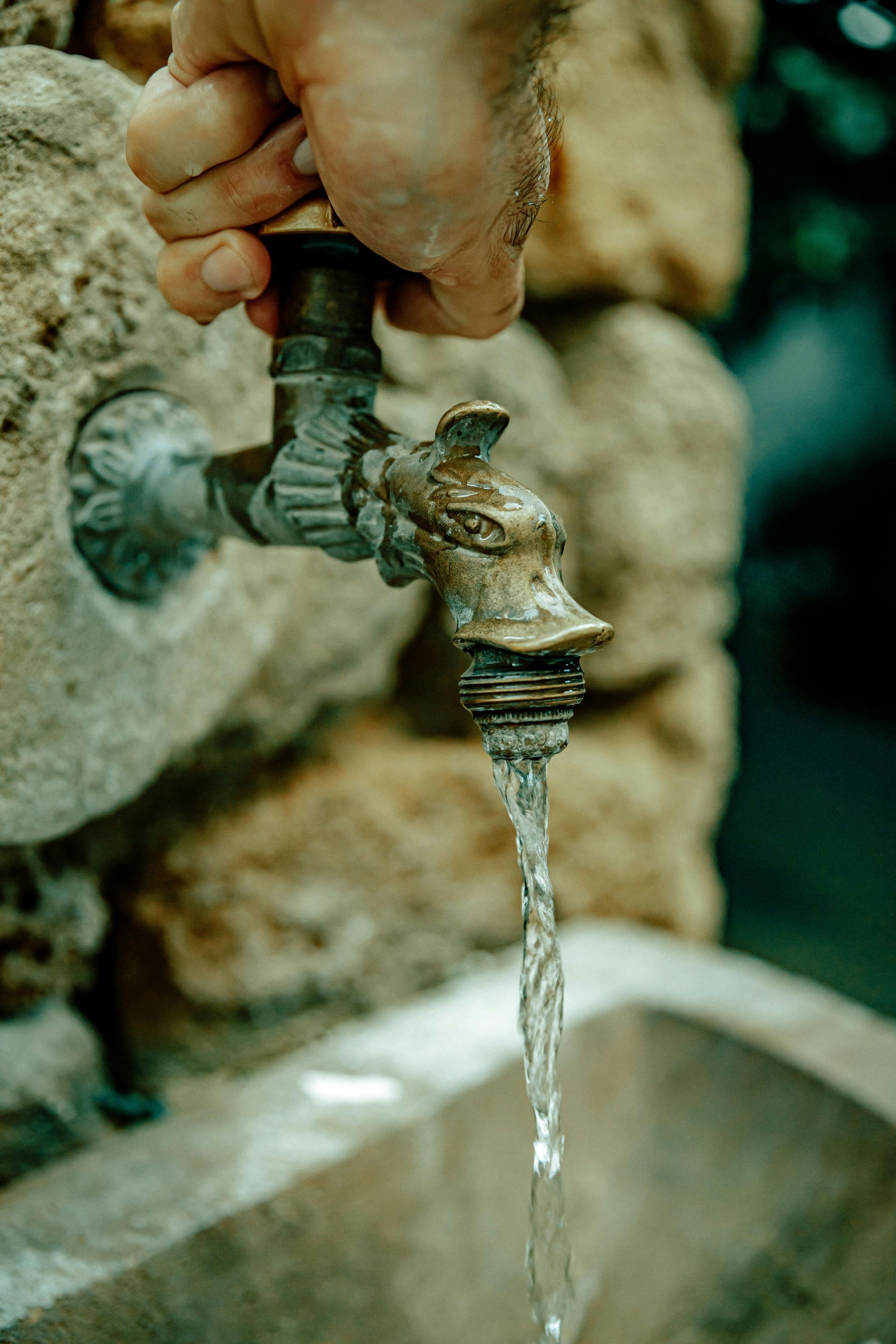 A person is pouring water from a faucet into a sink.