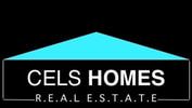 CELS Homes real estate logo with turquoise roof on black background