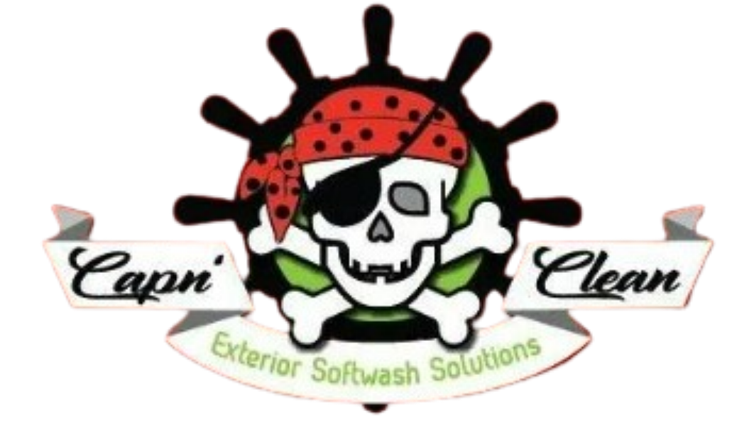 Logo: Pirate skull with eye patch, crossed bones, helm, and text "Capn' Clean" and "Exterior Softwash Solutions" on red.