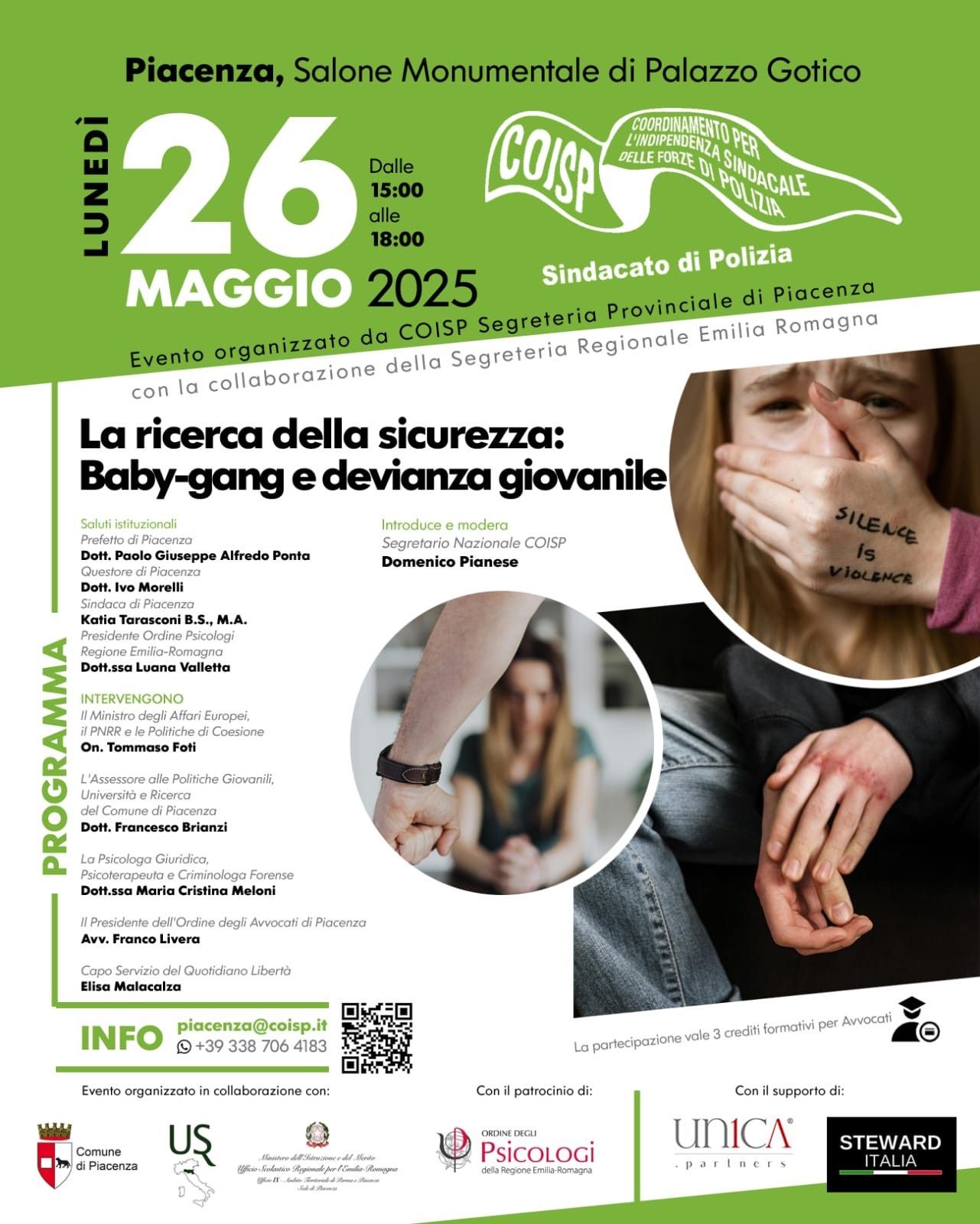 Manifesto per un evento del COISP che si terrà il 26 maggio 2025 a Piacenza, sul tema della sicurezza, delle bande di neonati e della delinquenza giovanile.