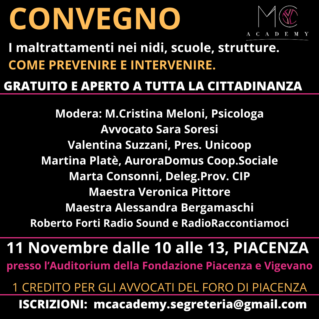 Volantino dell'evento a Piacenza dell'11 novembre sulla prevenzione dei maltrattamenti nelle scuole, con elenco dei relatori e indirizzo email per la registrazione.