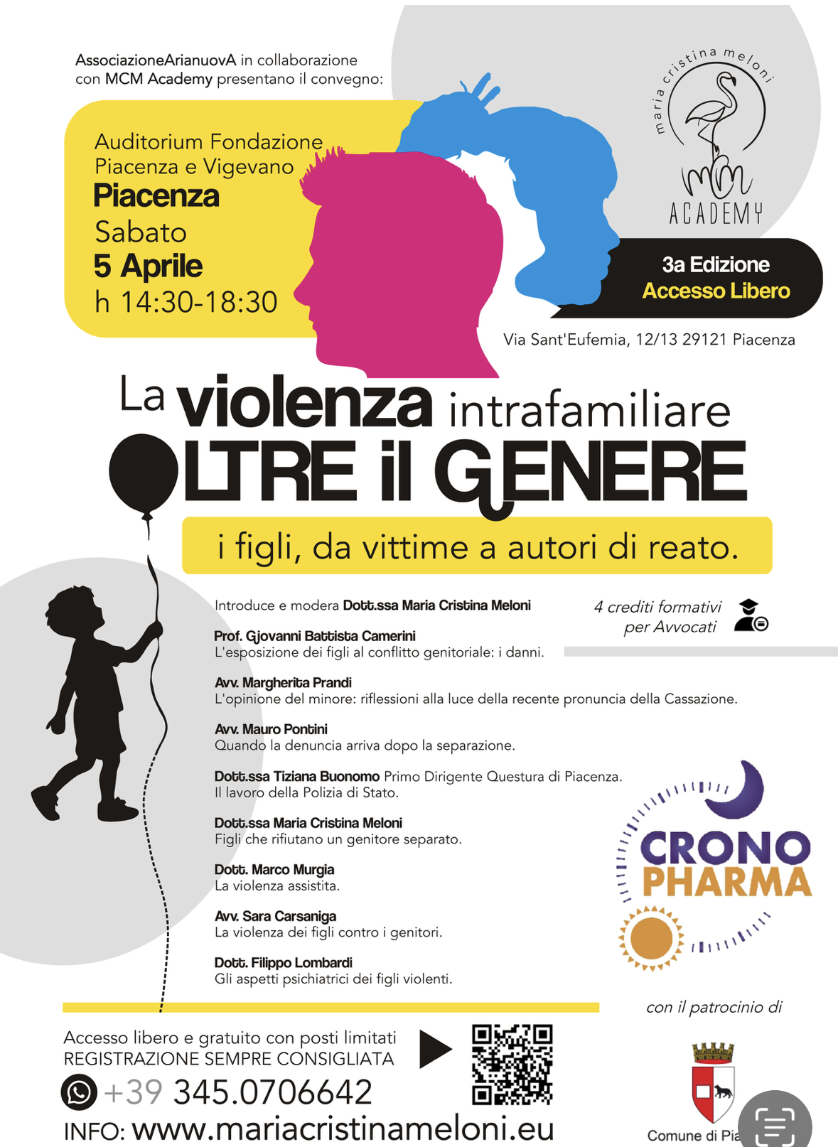 Manifesto per un convegno sulla violenza intrafamiliare a Piacenza, con silhouette dei relatori e dettagli sulla sede.
