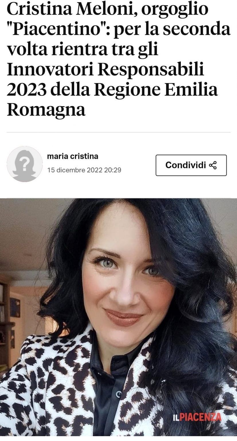Titolo dedicato a Cristina Mcloni, innovatrice piacenzana, con il ritratto di una donna con una giacca leopardata.