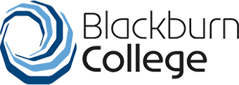 A logo for blackburn college with a blue and white swirl