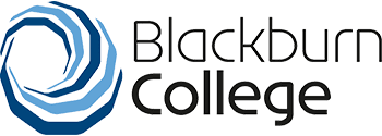 A logo for blackburn college with a blue and white swirl
