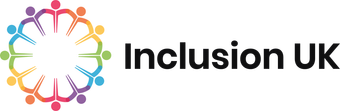 A logo for inclusion uk with a circle of people holding hands