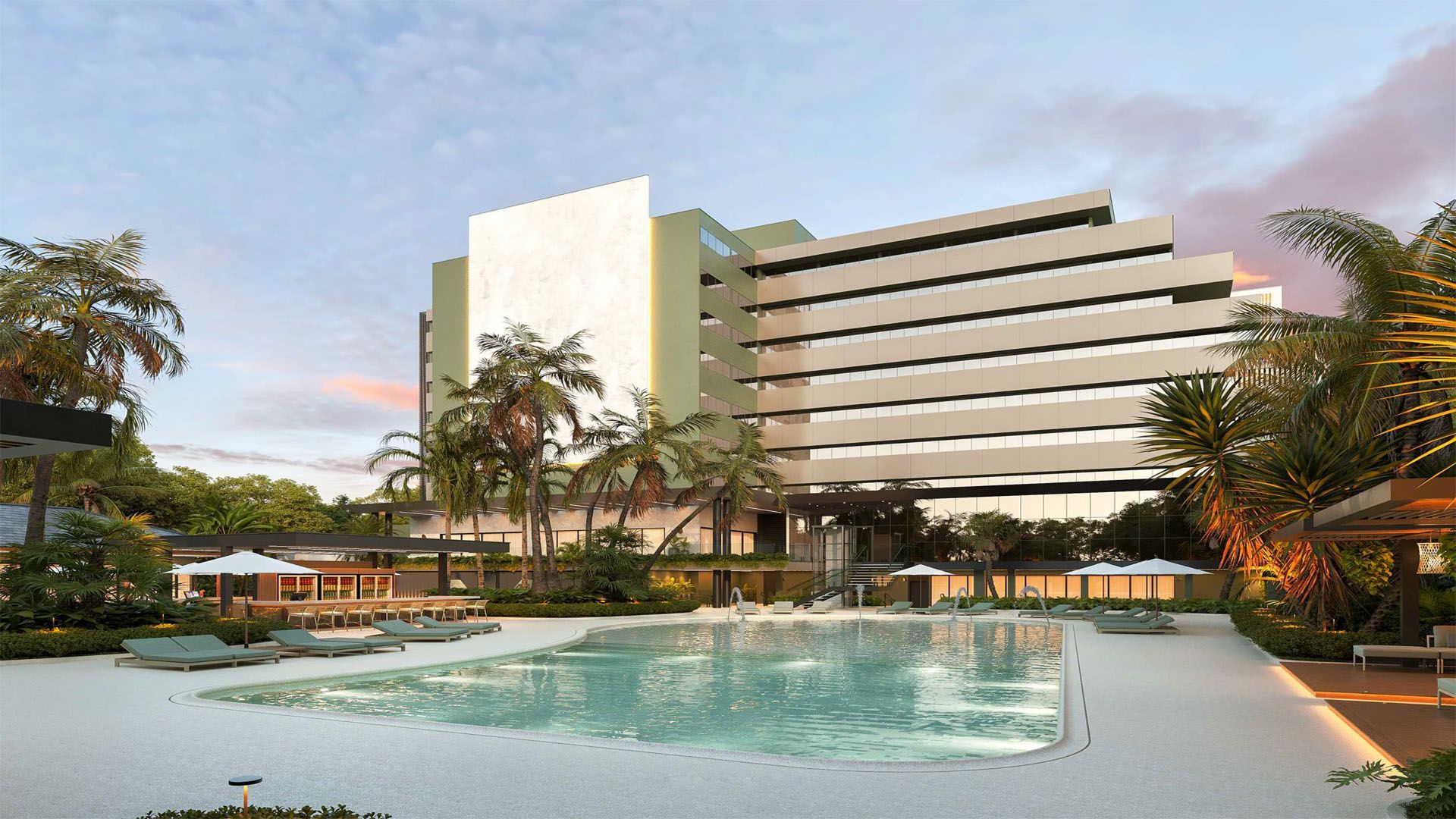 Edifício e placa do hotel DoubleTree by Hilton em um dia ensolarado.