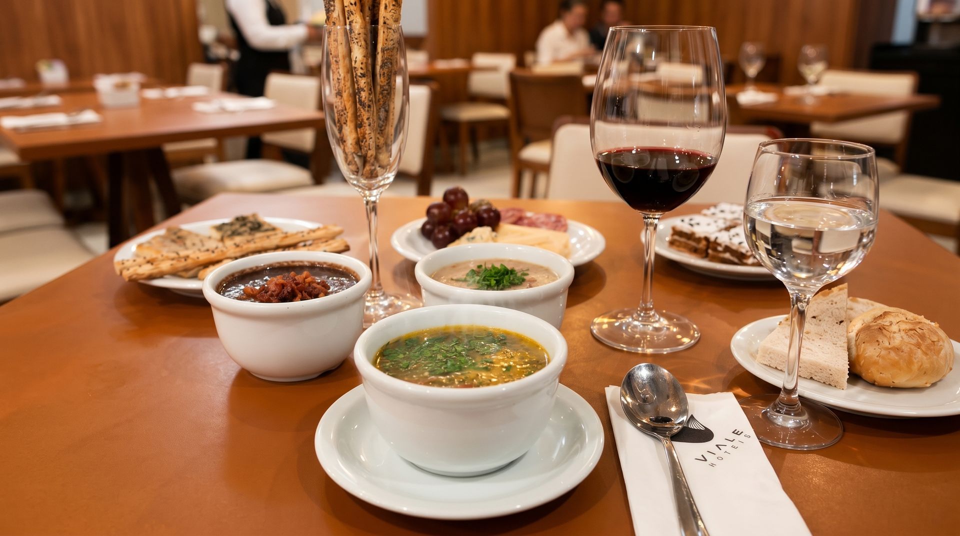 Plated meal with soups, bread, and wine glasses on a restaurant table