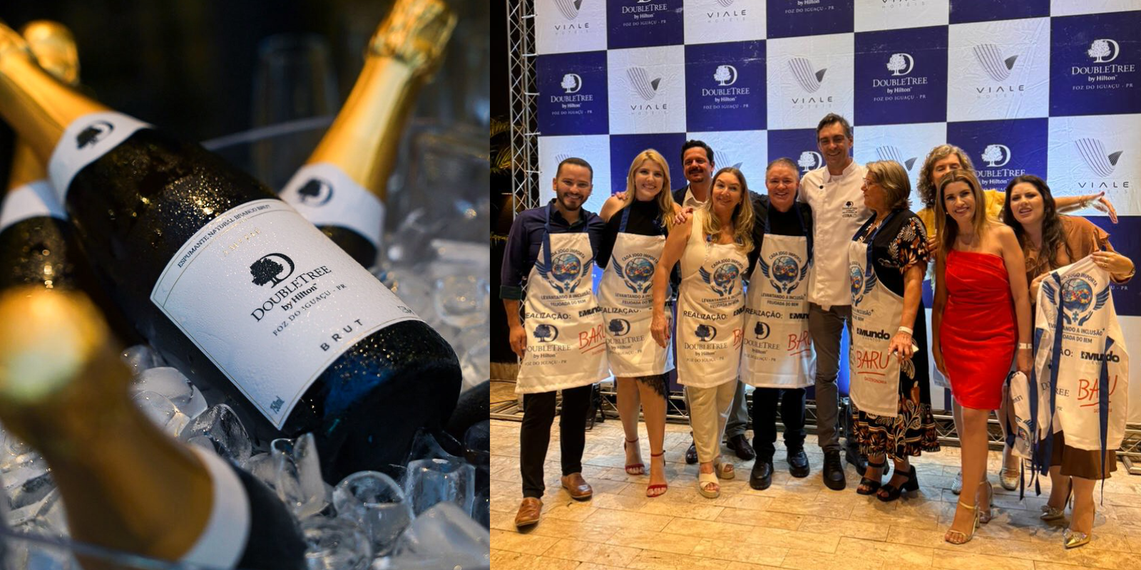 Garrafas de vinho espumante no gelo ao lado de um grupo de pessoas com aventais brancos posando em frente a um painel de fundo personalizado para o evento.