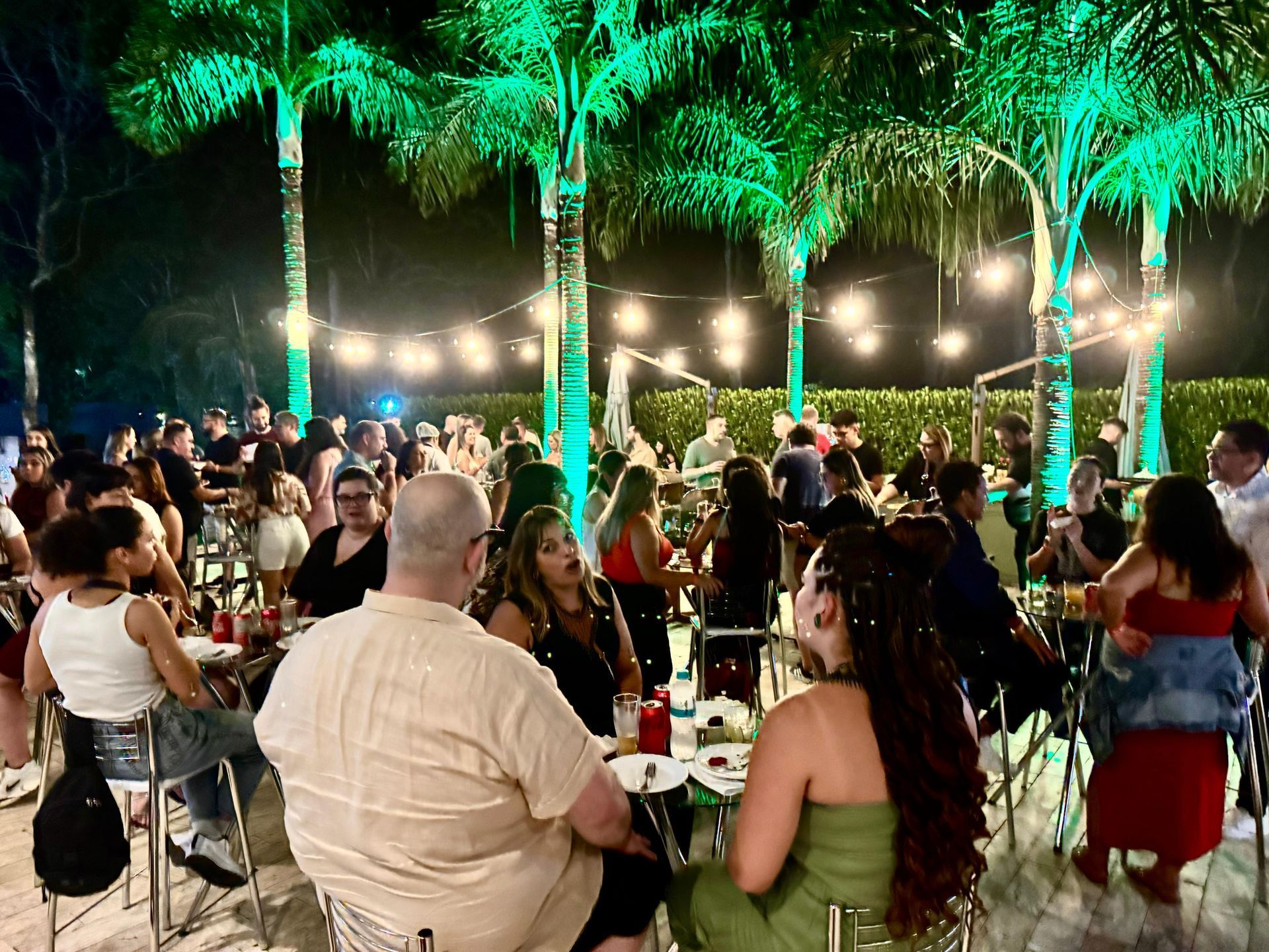 Festa noturna ao ar livre com pessoas; palmeiras com luzes verdes, luzes de corda, mesas.