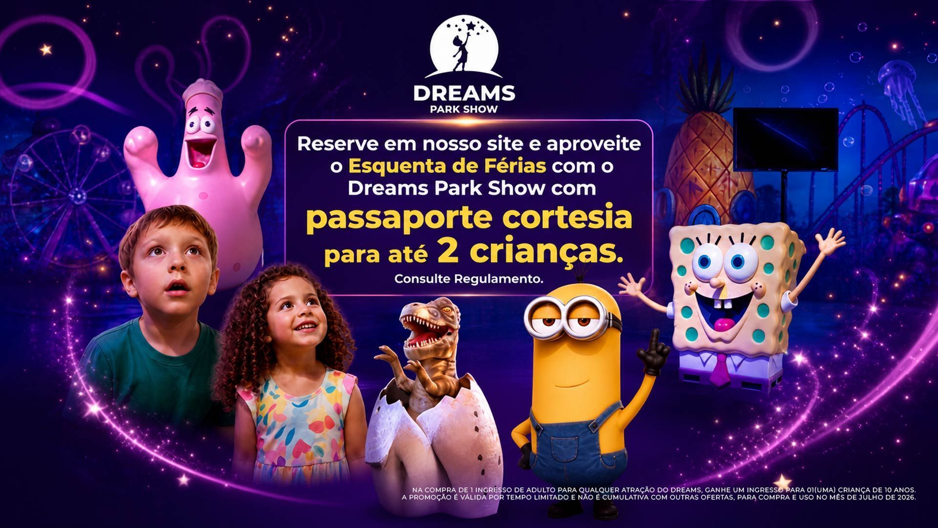 Crianças e Minions em um show iluminado no Dreams Park, com luzes roxas, castelo e fogos de artifício.