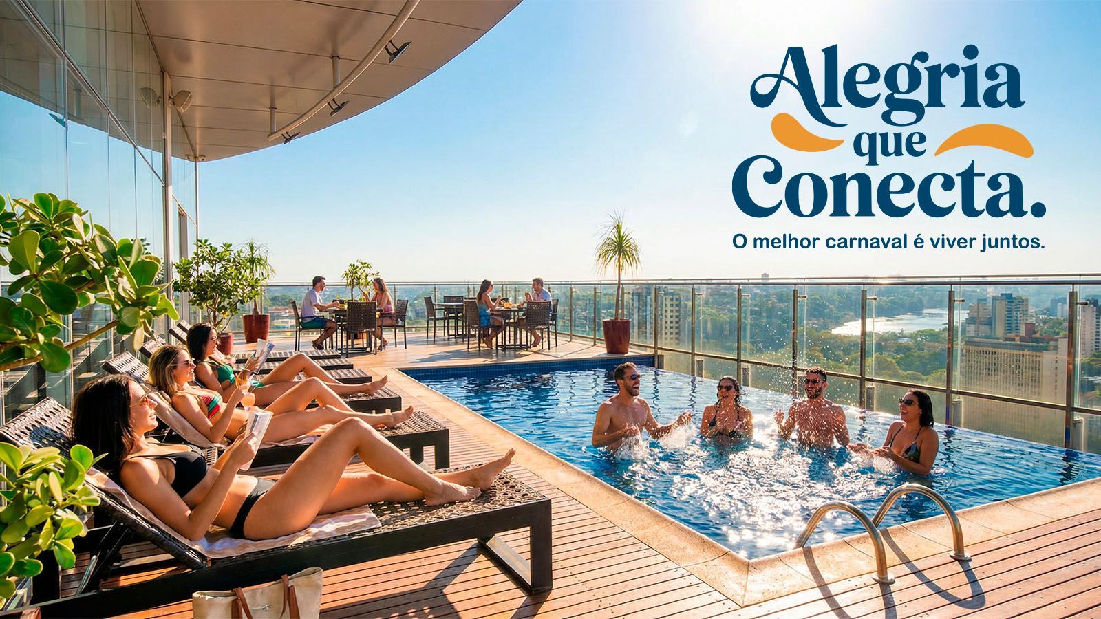 People in a rooftop pool, lounge chairs, city view. Text: 