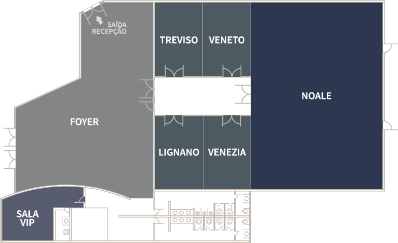 Planta baixa de um local, com salas identificadas em cinza e azul. Inclui foyer, sala VIP e espaços para eventos.