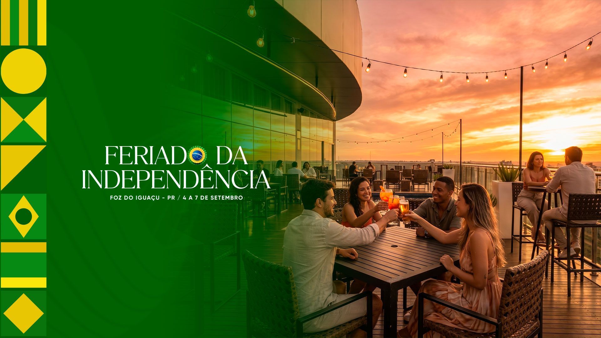 Banner do festival com design verde inspirado no Brasil e pessoas jantando ao pôr do sol em um terraço na cobertura.