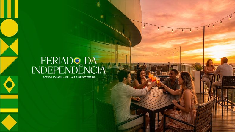 Banner do festival com design verde inspirado no Brasil e pessoas jantando ao pôr do sol em um terraço na cobertura.
