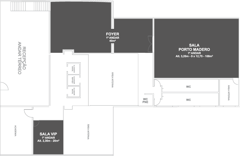 Planta baixa de um local com foyer, sala VIP, salão principal, depósito, banheiros e área de recepção.