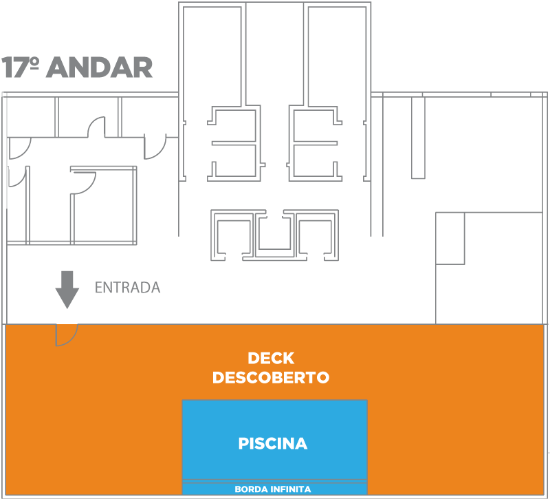 Planta do 17º andar. Conta com quartos, entrada e um deck com piscina externa de borda infinita.