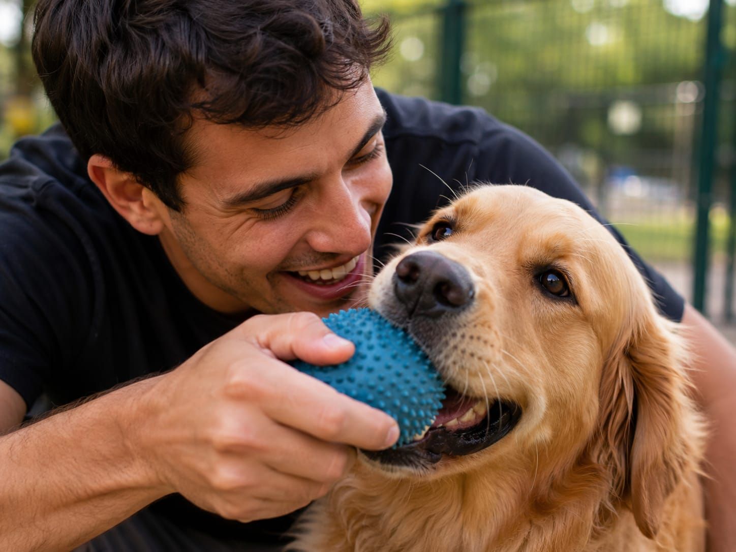 Mujer sonriendo con un perro saltando a su lado sobre un fondo de estudio morado