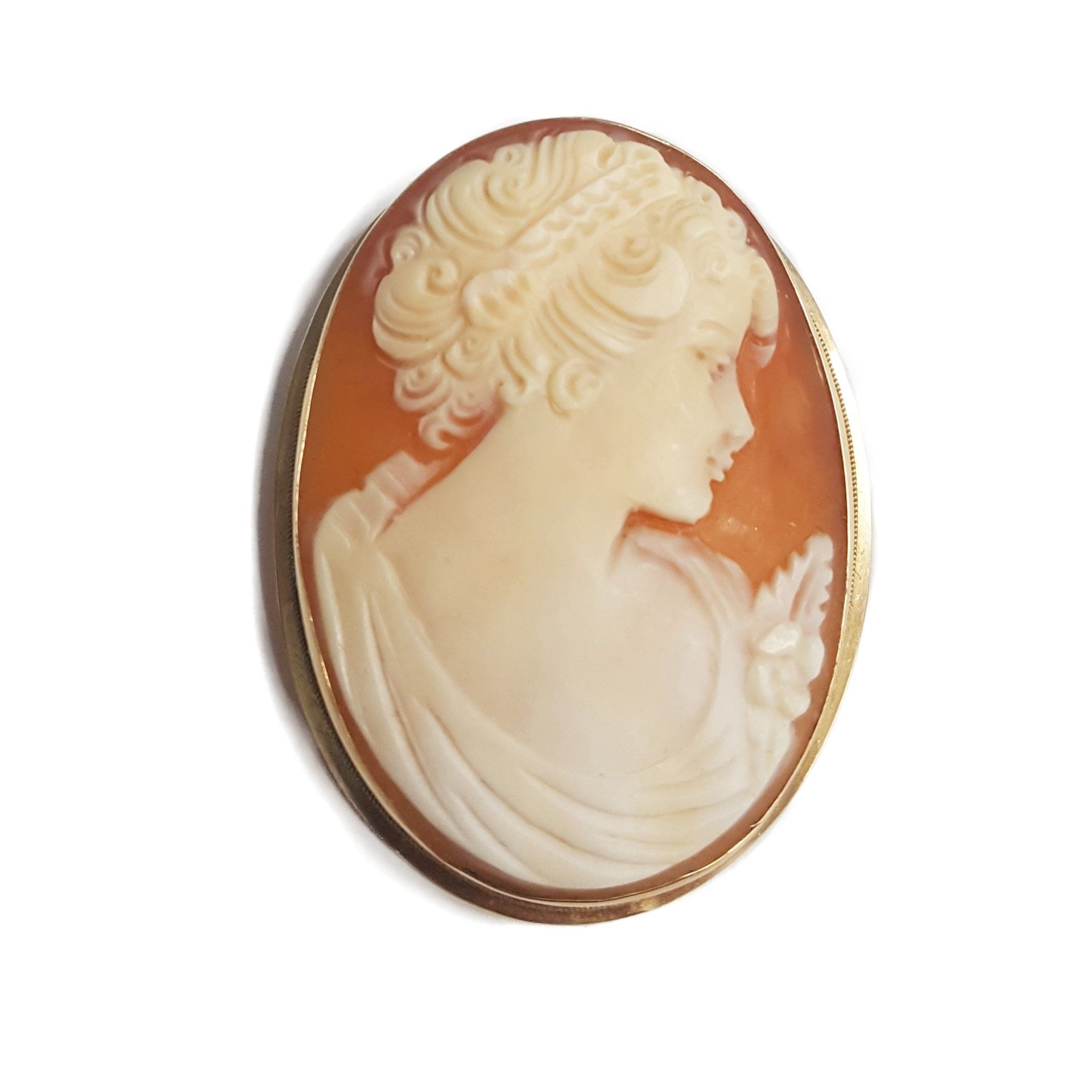 A close up of a cameo of a woman on a white background