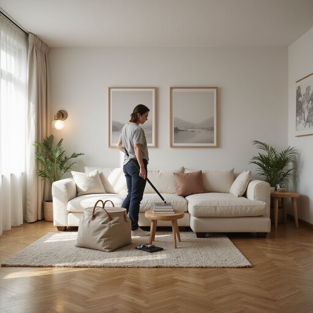 Una donna passa l'aspirapolvere su un tappeto chiaro in un soggiorno dai toni neutri, con un grande divano e delle piante.