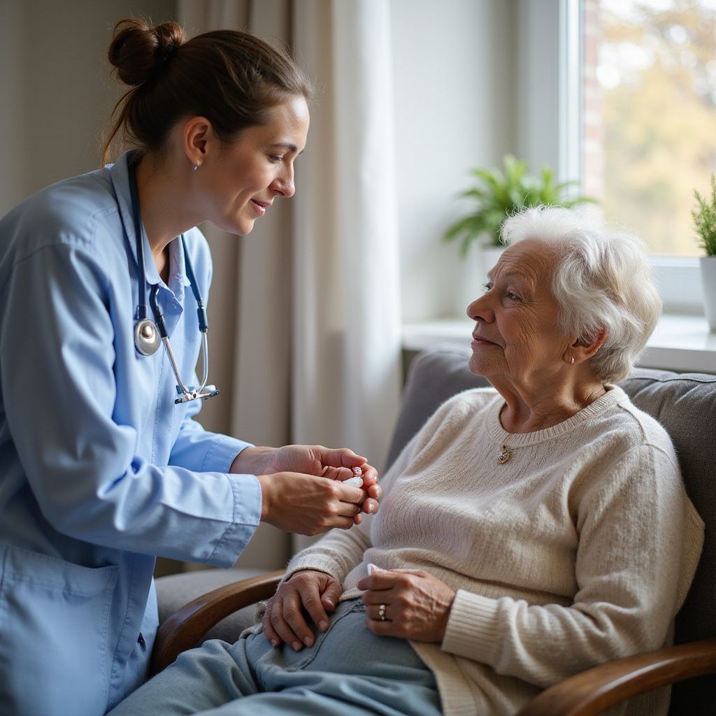 Un'infermiera in camice blu controlla le mani di un paziente anziano in un ambiente chiuso, vicino a una finestra.