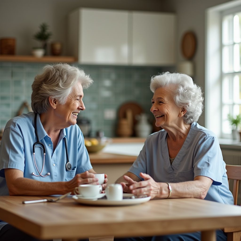 Due donne ridono bevendo un caffè seduti a un tavolo di legno in cucina. Una indossa uno stetoscopio.