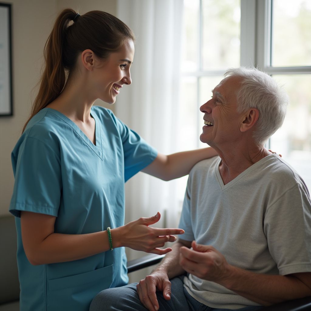 Infermiera in camice blu con un braccio sulla spalla di un uomo anziano, sorridente, all'interno, vicino alla finestra.